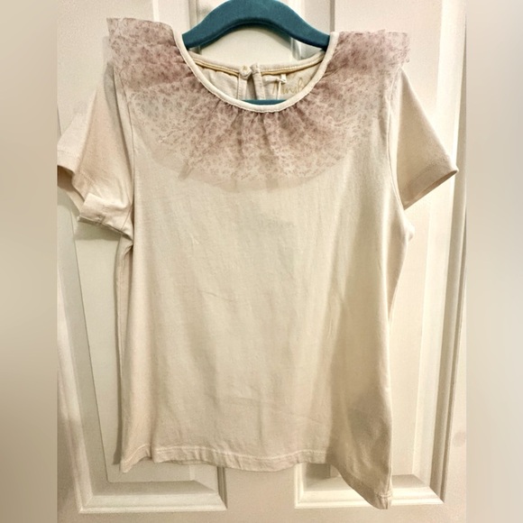 Mini Boden NWT Sz 6/7 Cream Top with Sheer Floral Ruffle Collar - Picture 2 of 5